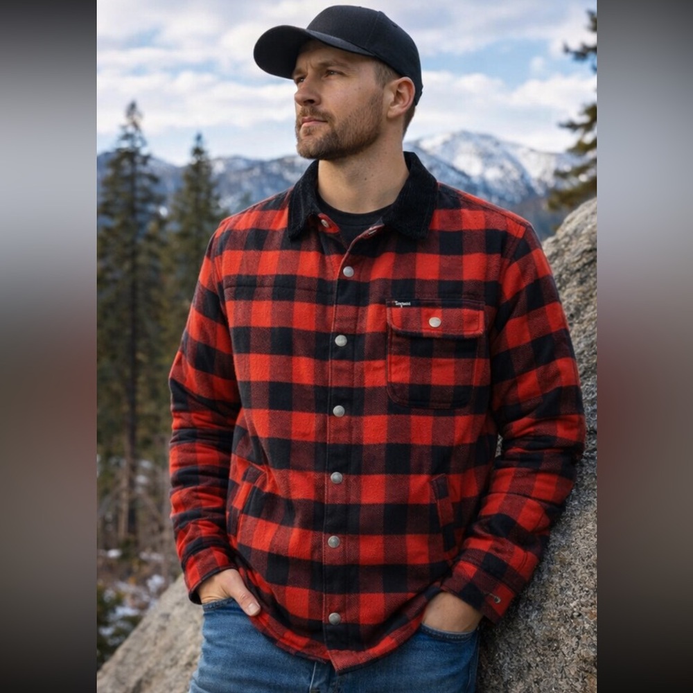 Brixton Cass Quilted Plaid Shirt jacket (Shacket) in Black and Red Size M